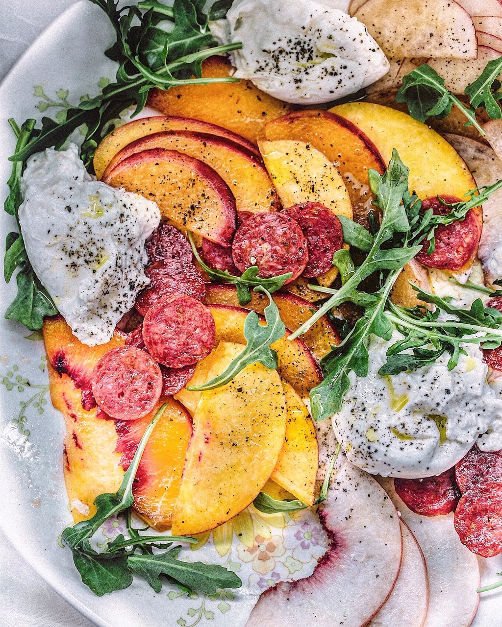 Peaches & Cream Salad with Spicy Pepperoni
