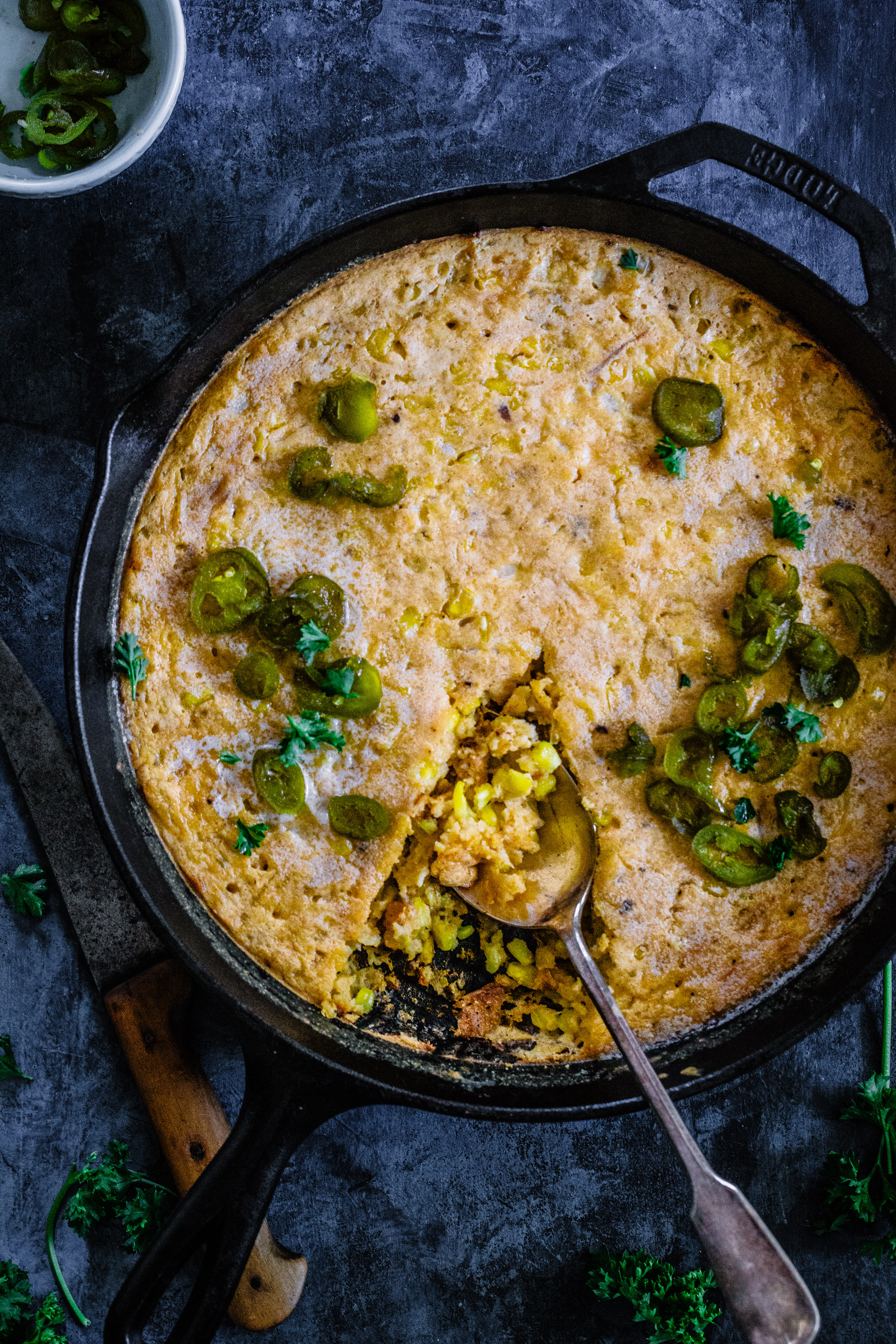 Smoky Corn Pudding with Quick Candied Jalapenos