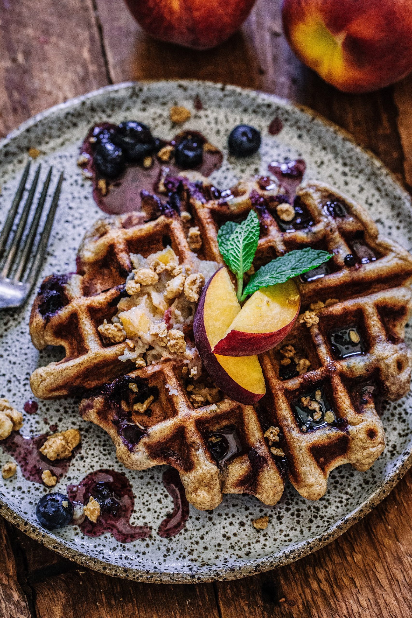 Double Blueberry Crunch Waffles with Peach Brown Butter