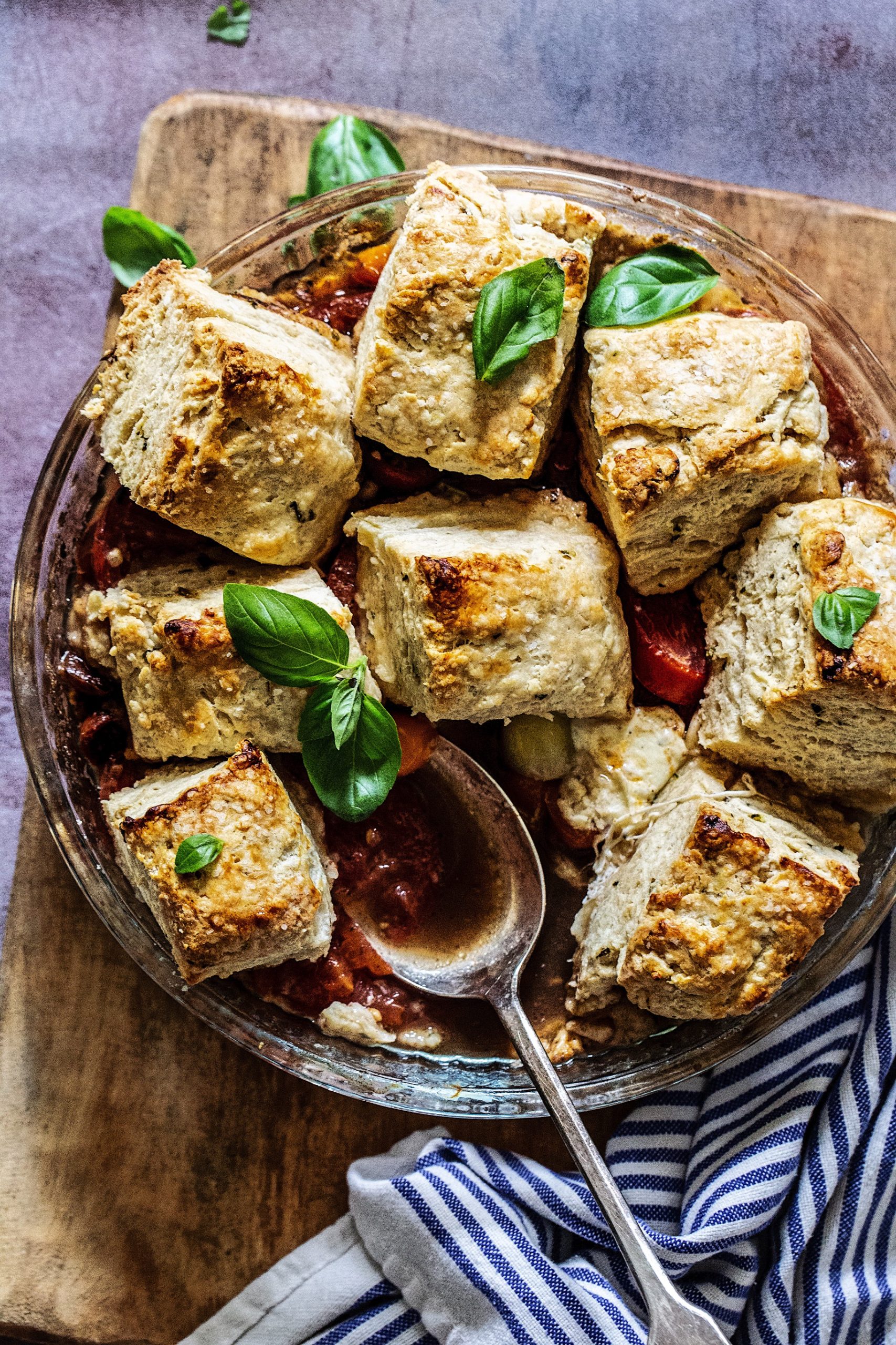 Juicy Tomato & Mozzarella Cobbler with Basil Butter Biscuits