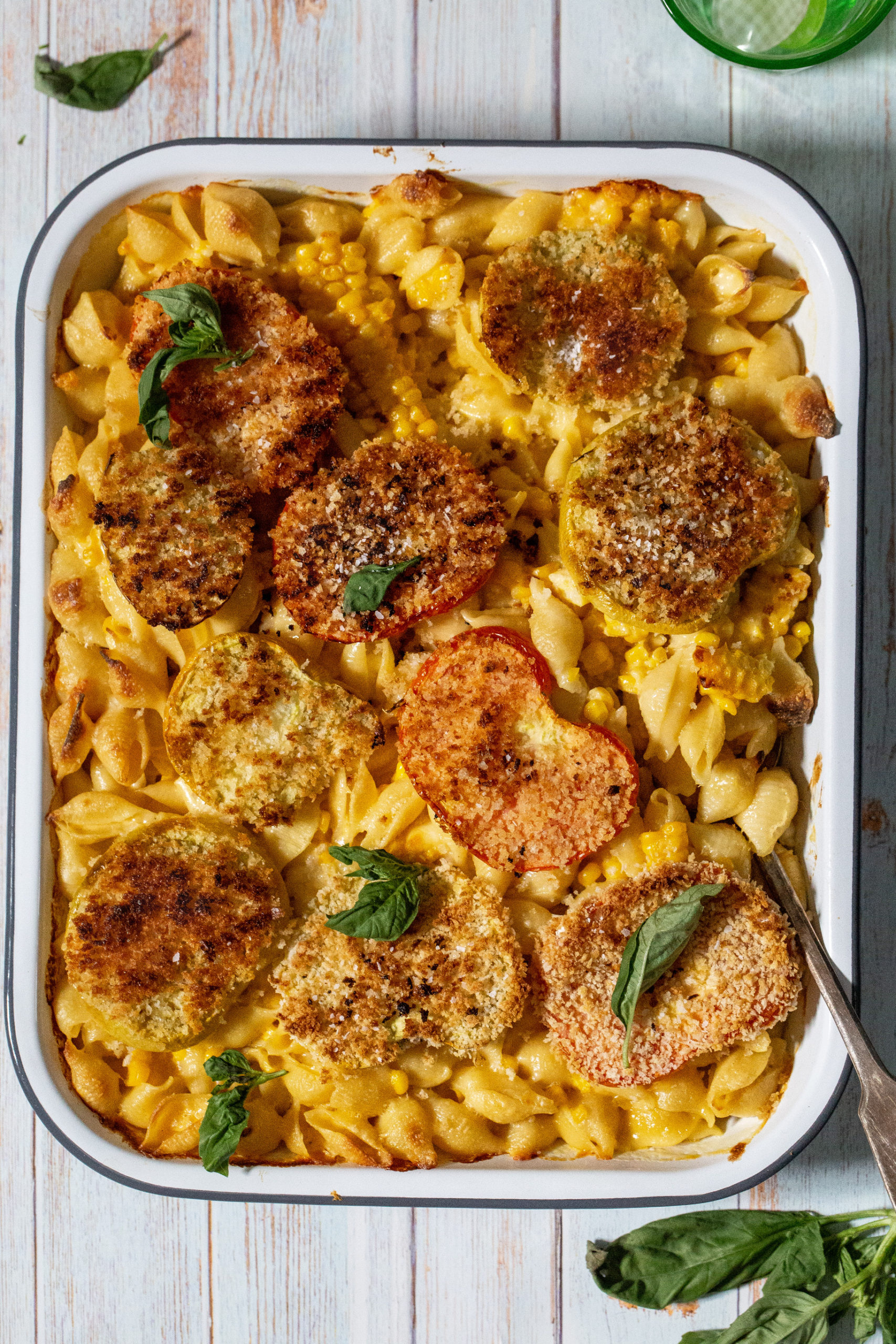 Fried Green Tomato Topped Street Corn Mac and Cheese