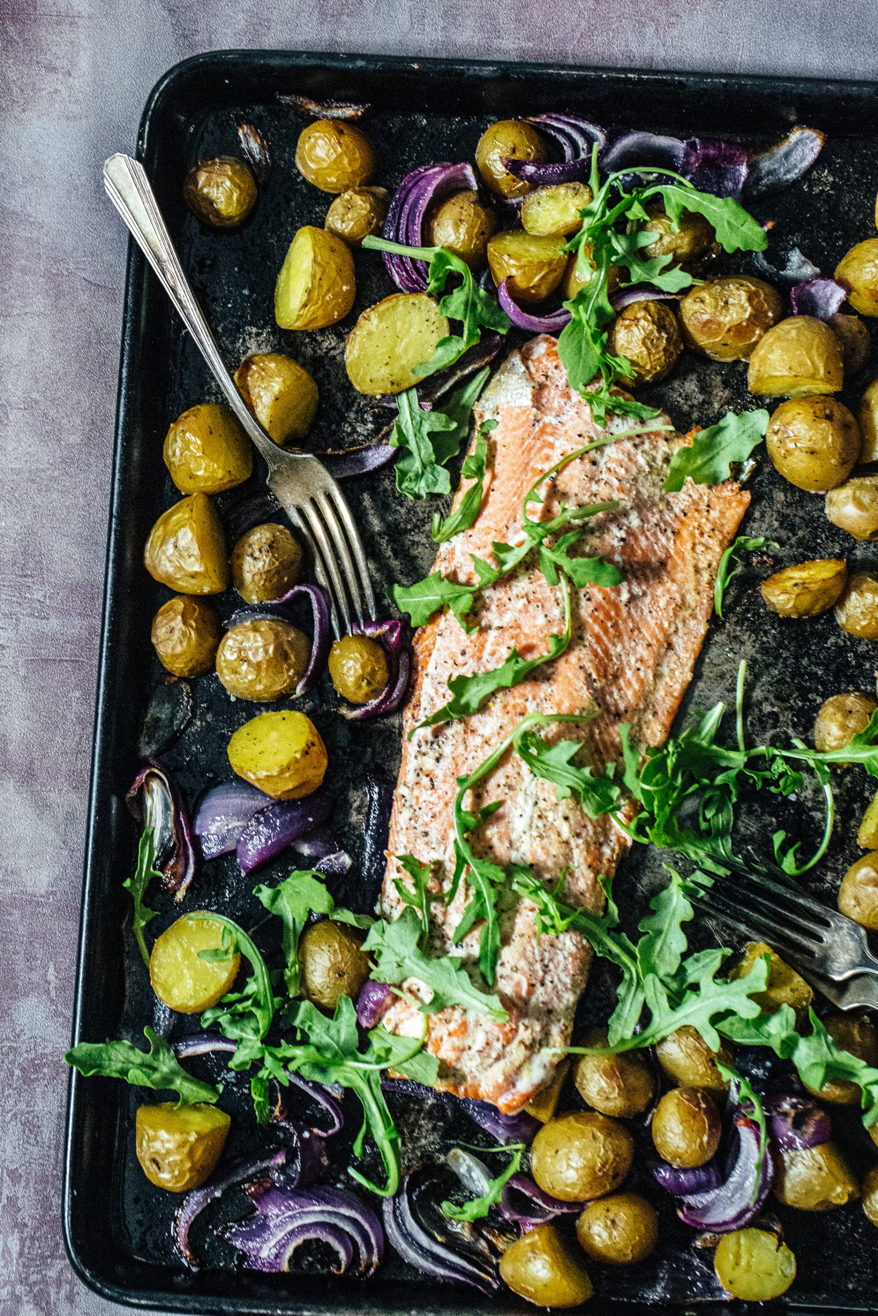 Simple Roasted Salmon & Veggies with Whipped Brown Butter Vinaigrette