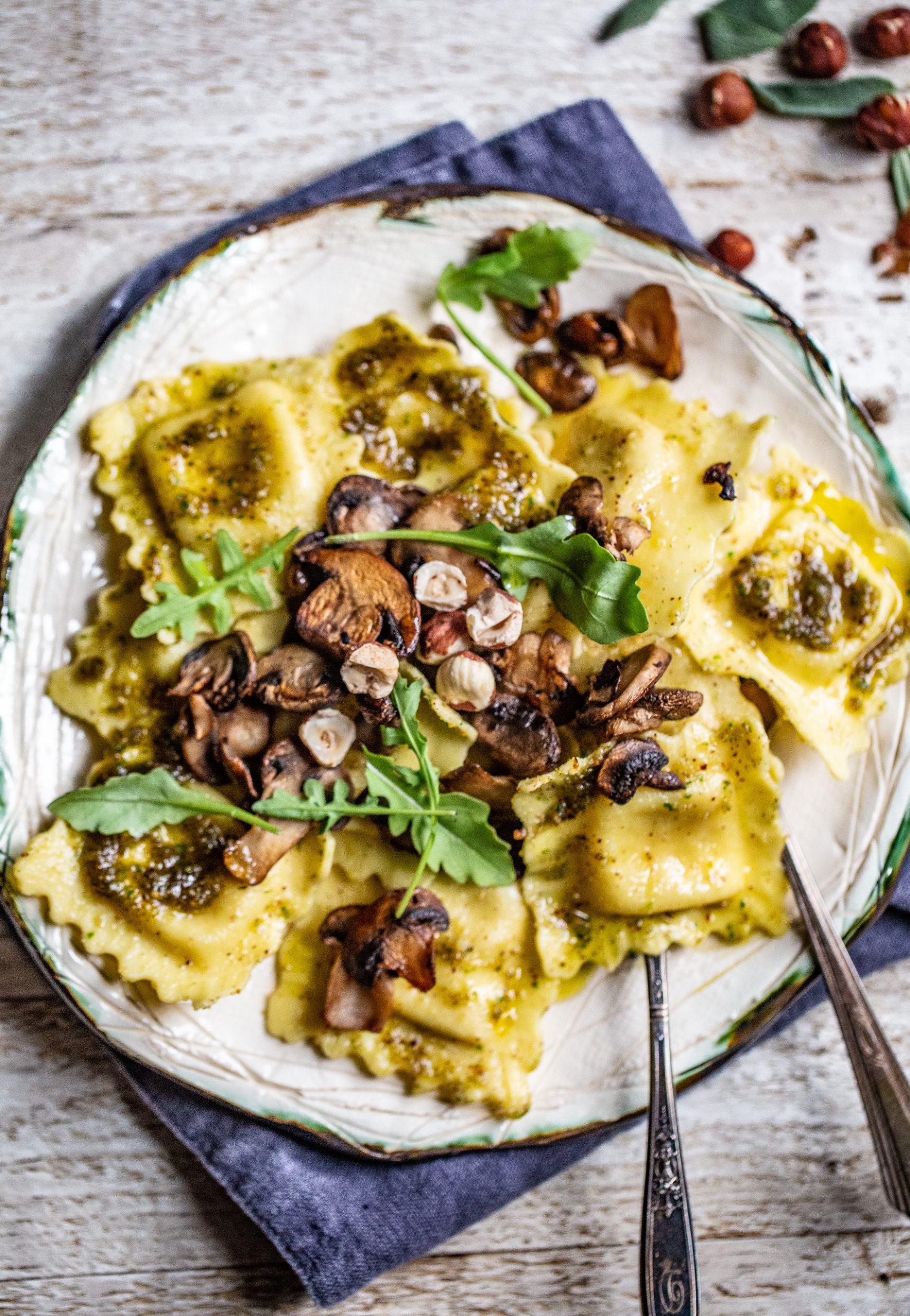 Brown Butter-Hazelnut Pesto Ravioli with Crispy Mushrooms