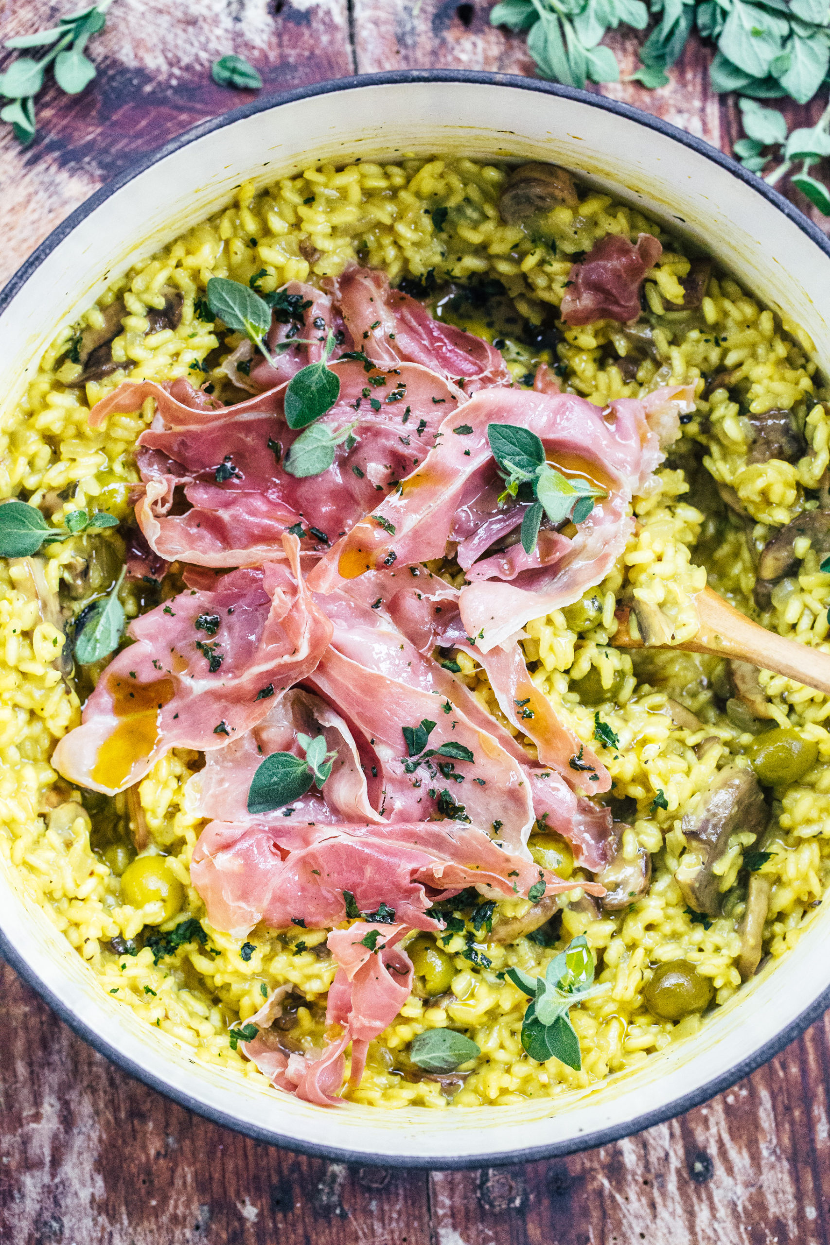 Golden Risotto with Mushrooms, Olives and Crispy Prosciutto