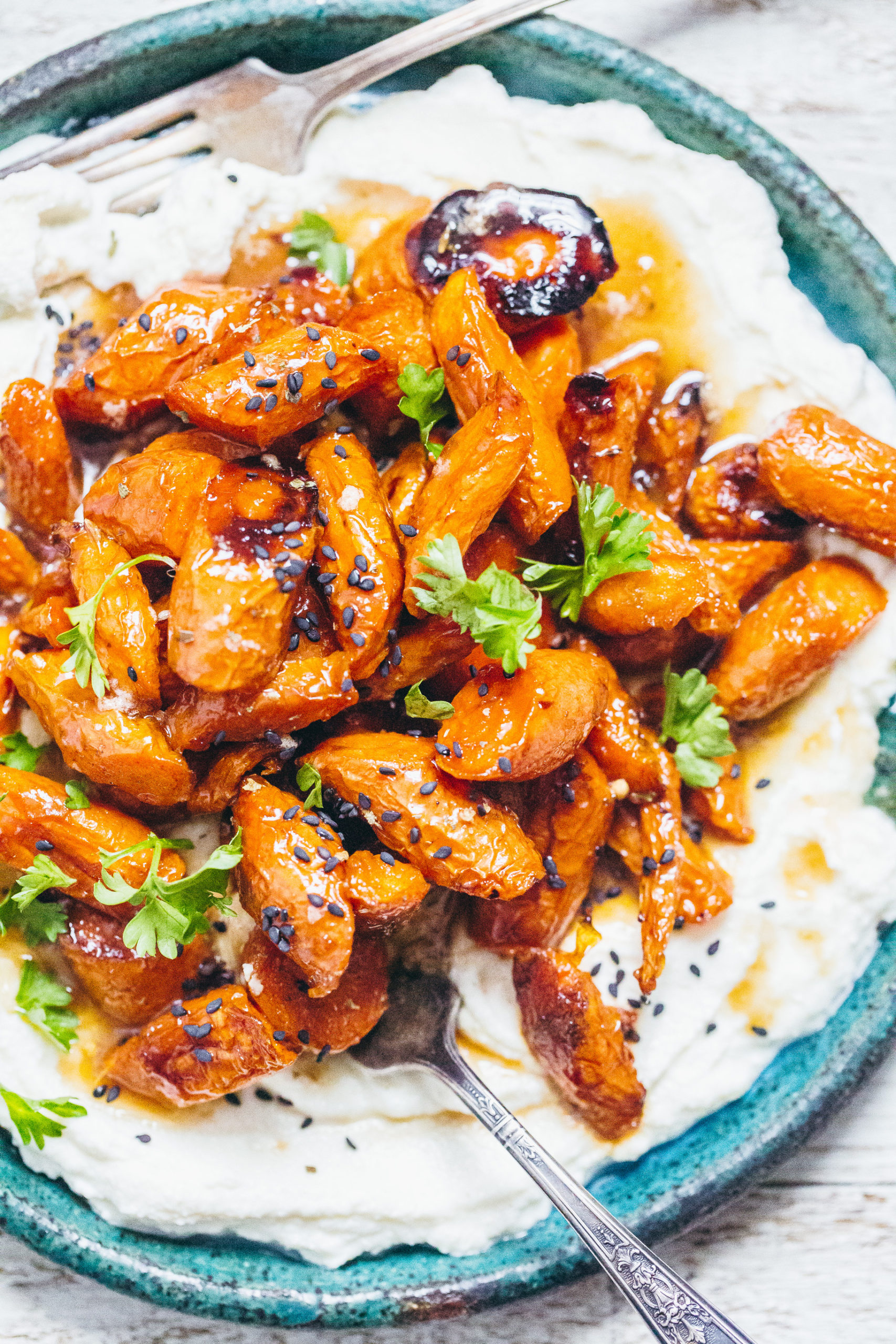 Sticky Hot Honey Buttered Carrots with Ricotta