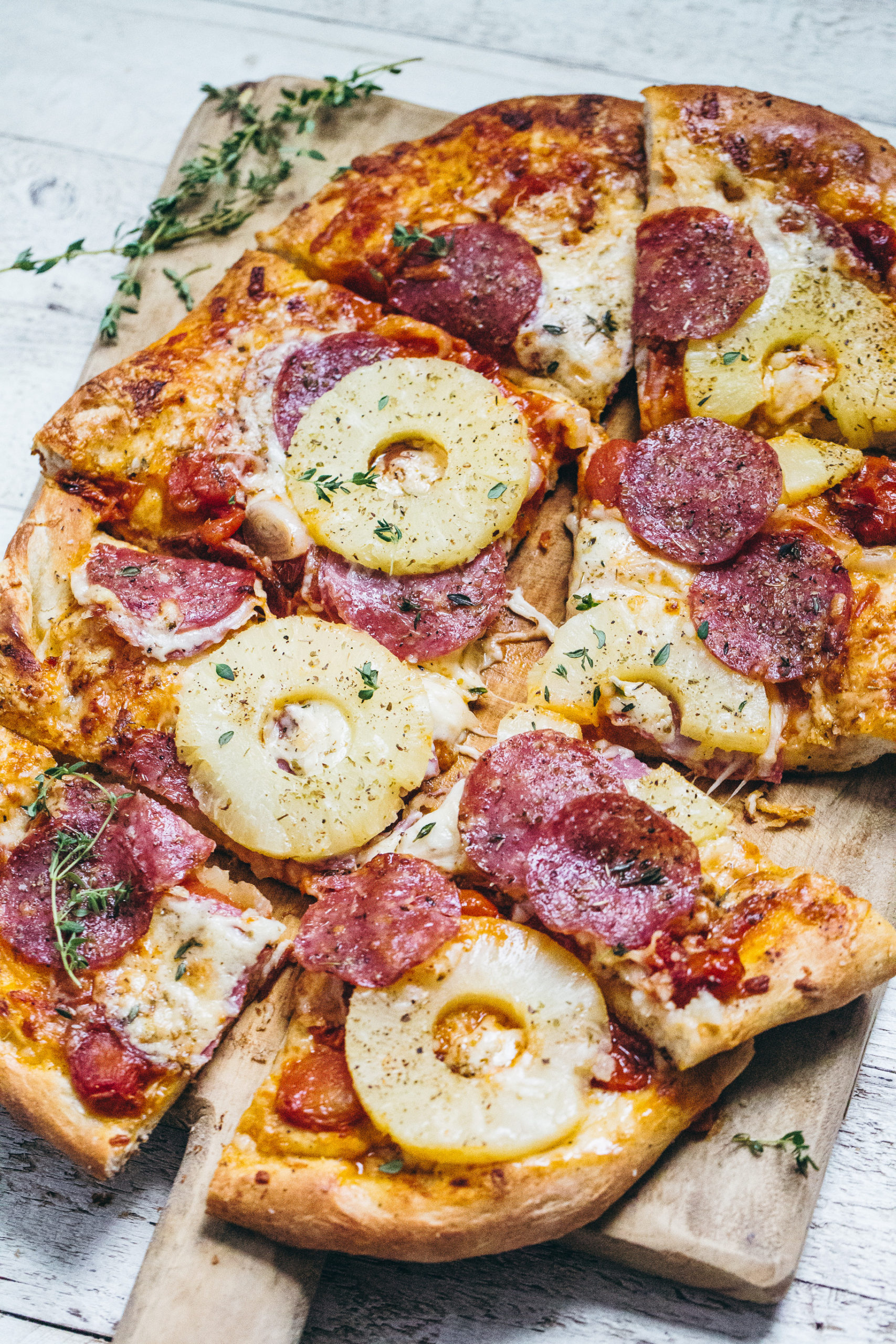 Sheet Pan Pepperoni Pizza with Pineapple and Smashed Tomatoes