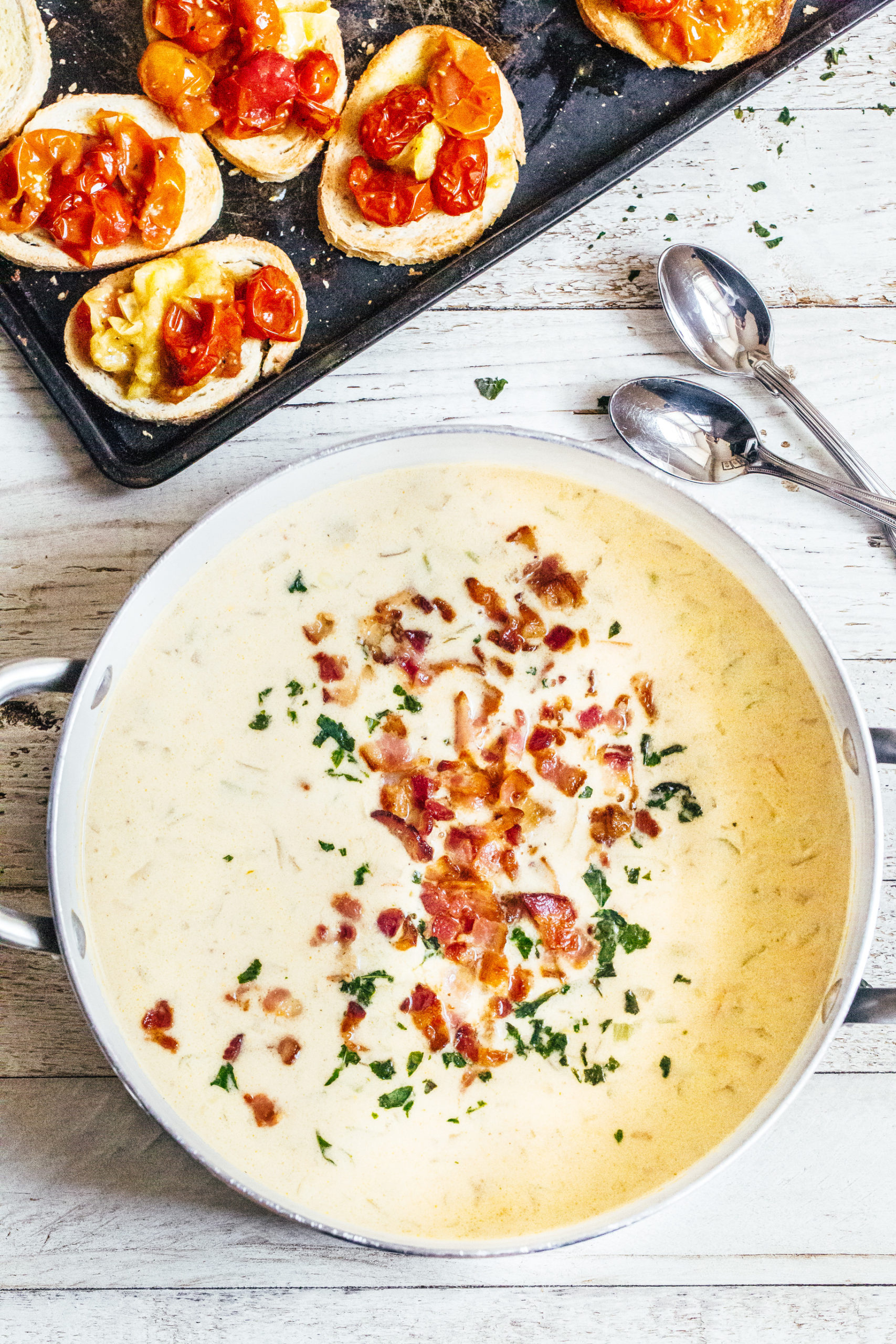 Beer Cheese Soup with Jammy Tomato Toasts