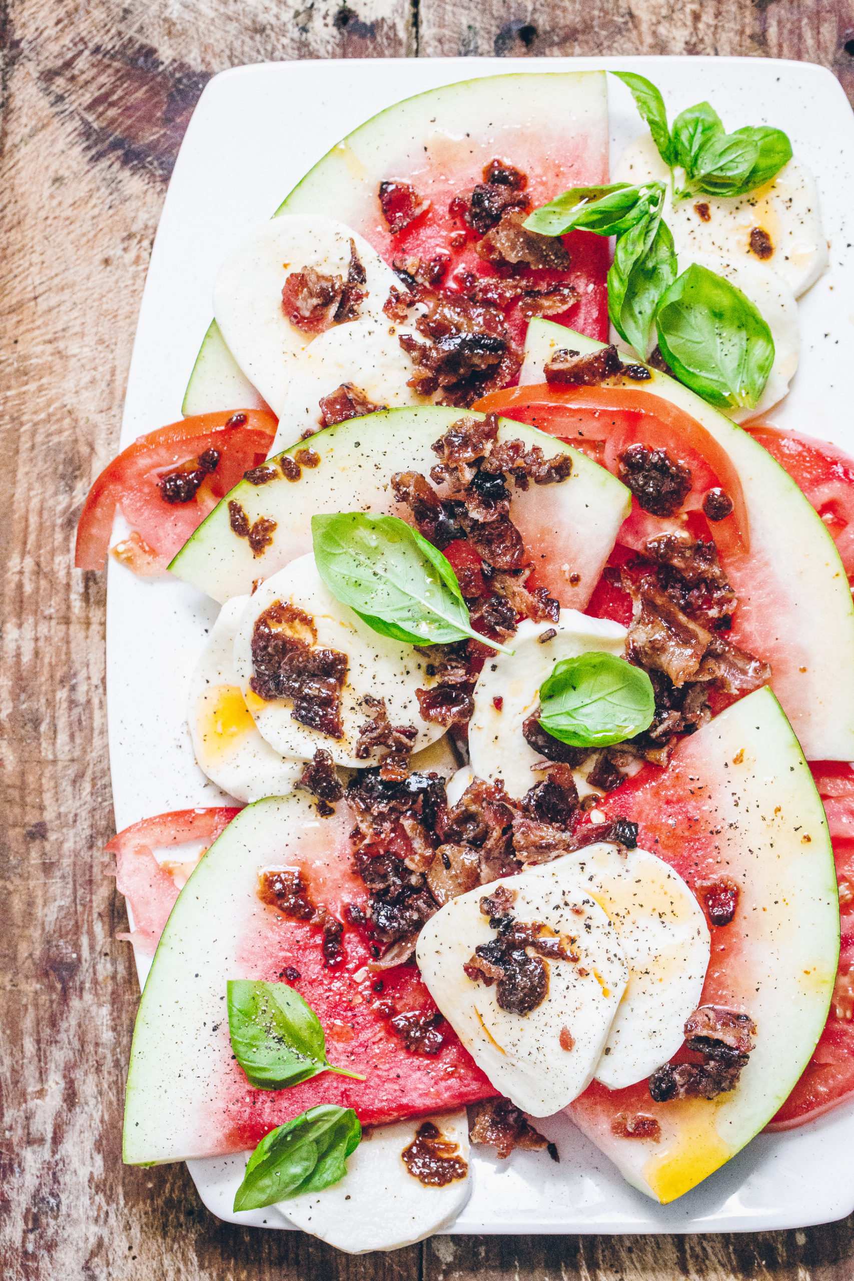 Watermelon Caprese Salad with Candied Bacon Dressing