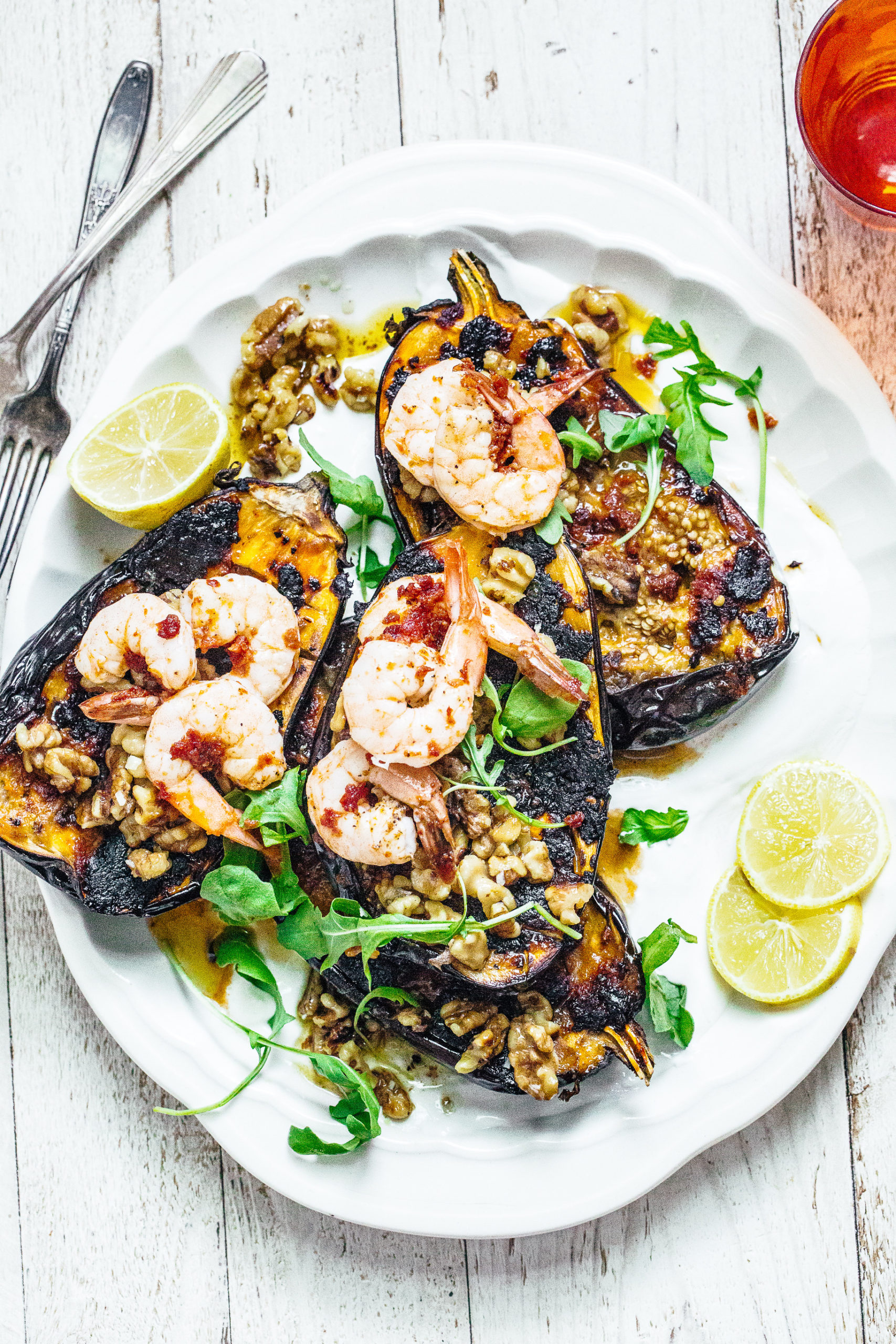 Slow Roasted Eggplant with Garlicky Walnuts and Shrimp