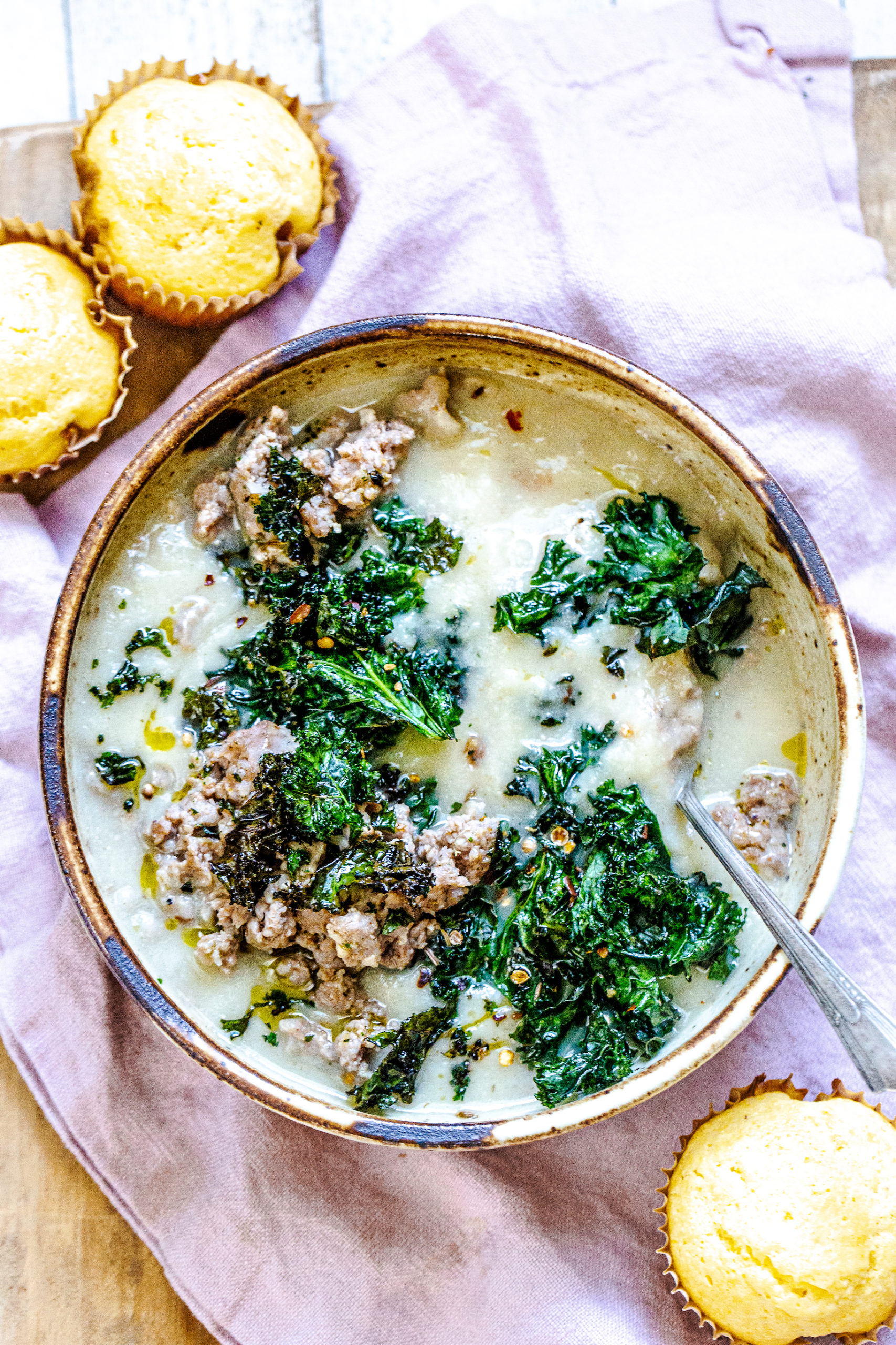 Cauliflower and Sausage Soup with Kale Chips - My Kitchen Little