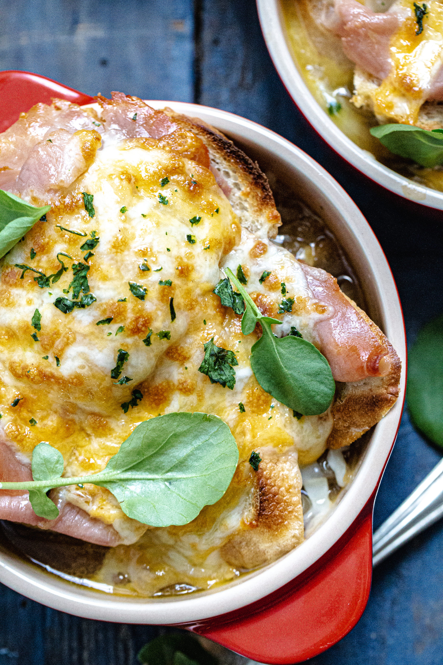 Bourbon & Apple French Onion Soup with Crispy Prosciutto Toasts