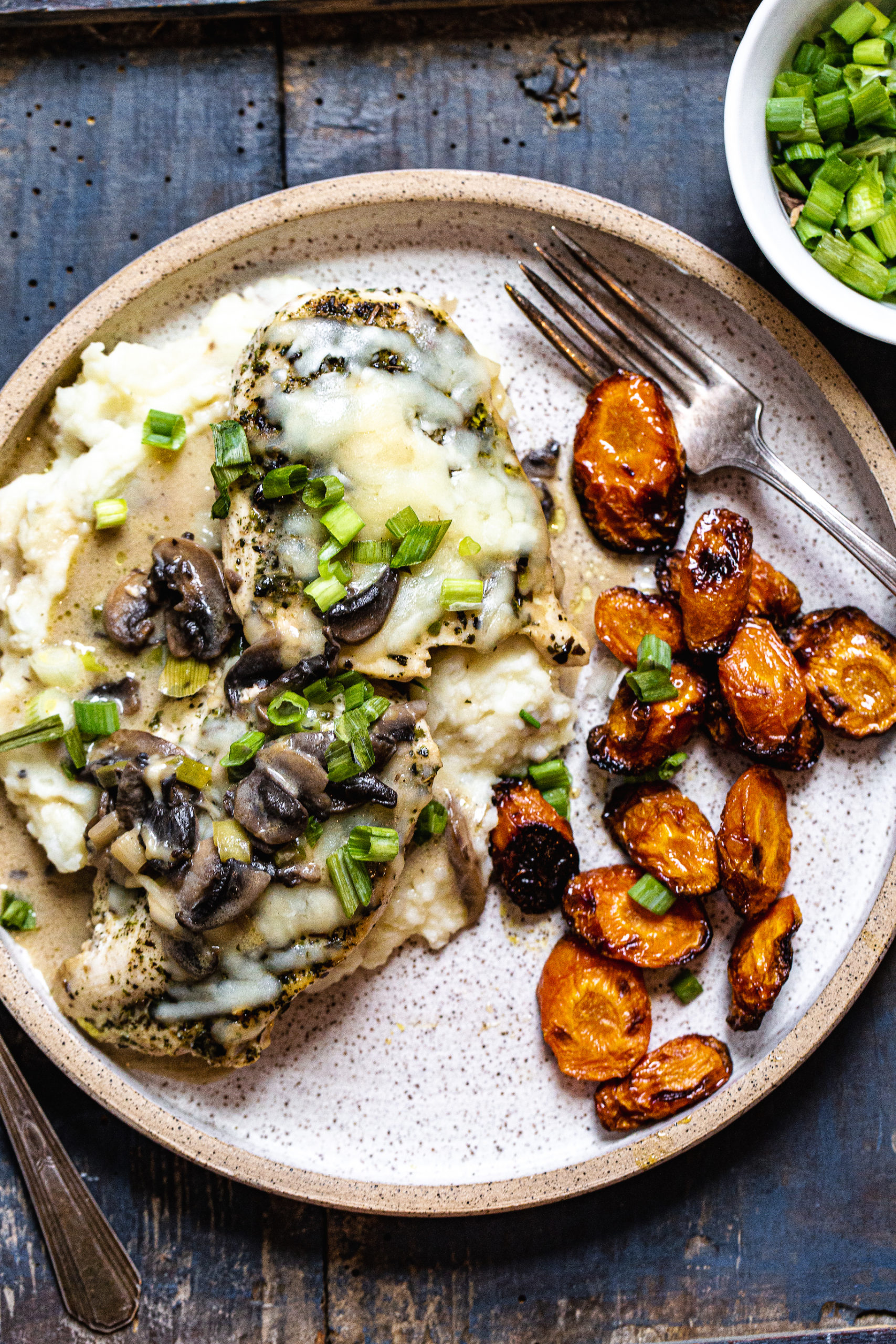 Cheesy Mushroom and Herb Chicken with Mashed Potatoes