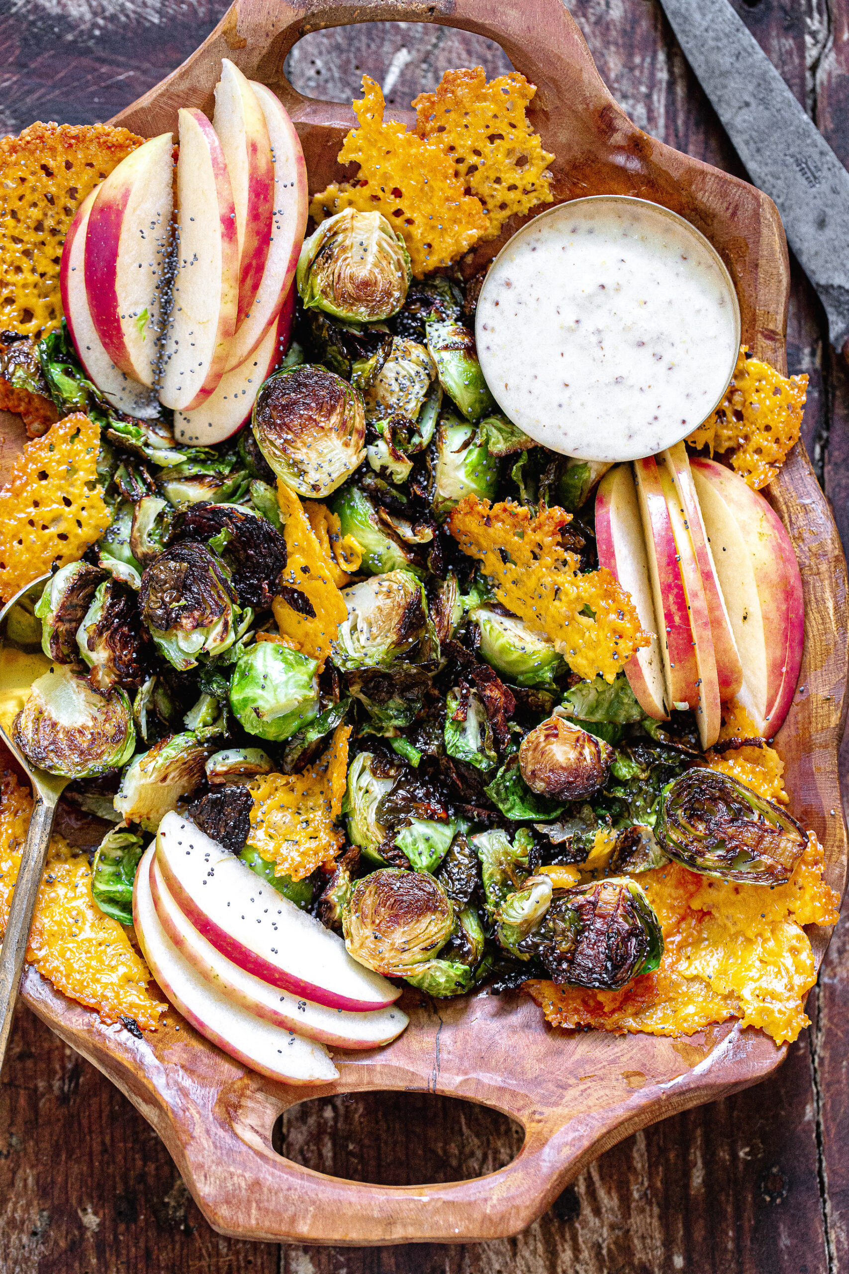 Fried Brussels Sprouts with Apples and Crispy Cheddar