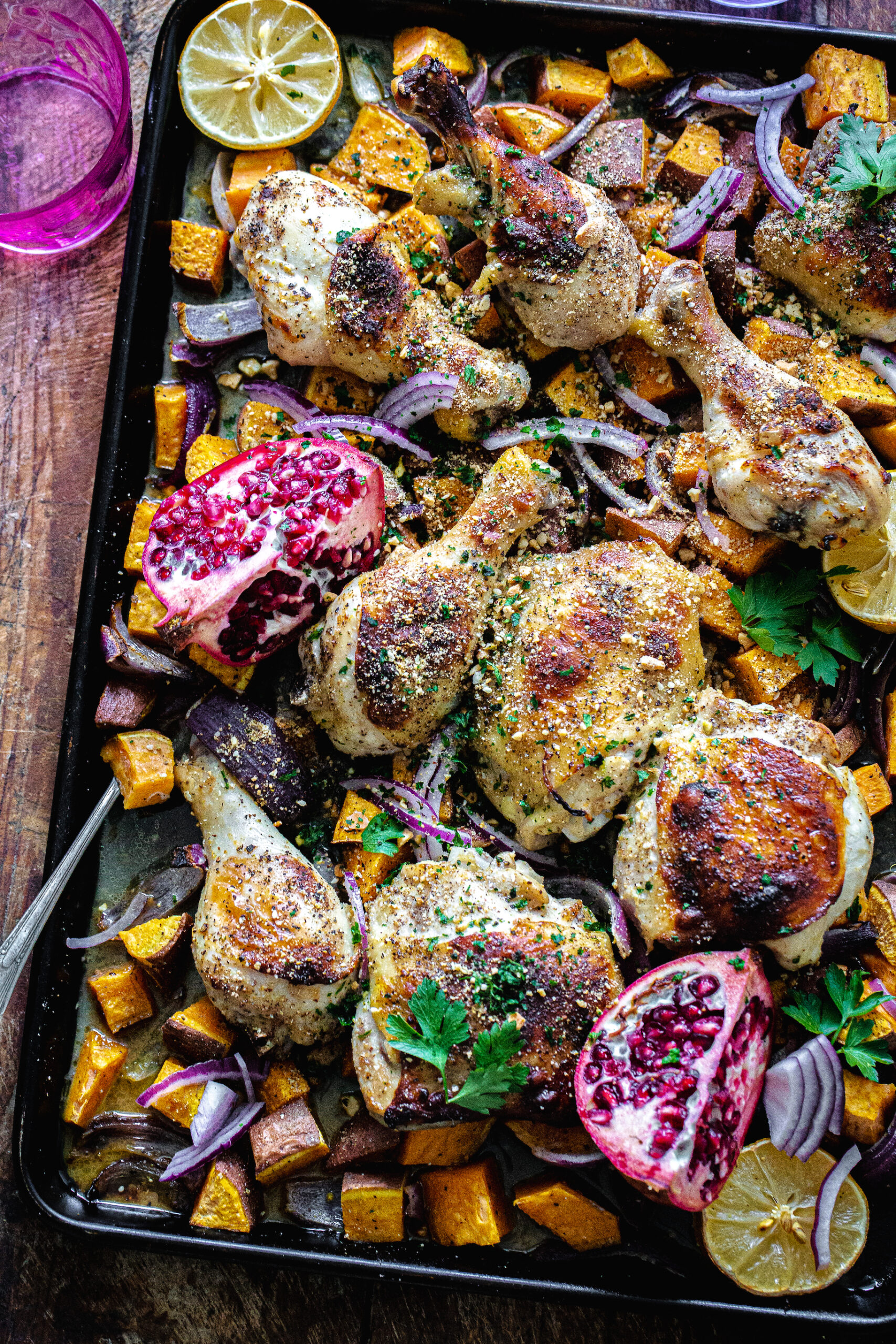 Egyptian Chicken with Sweet Potatoes and Pomegranate (sheet pan recipe!)