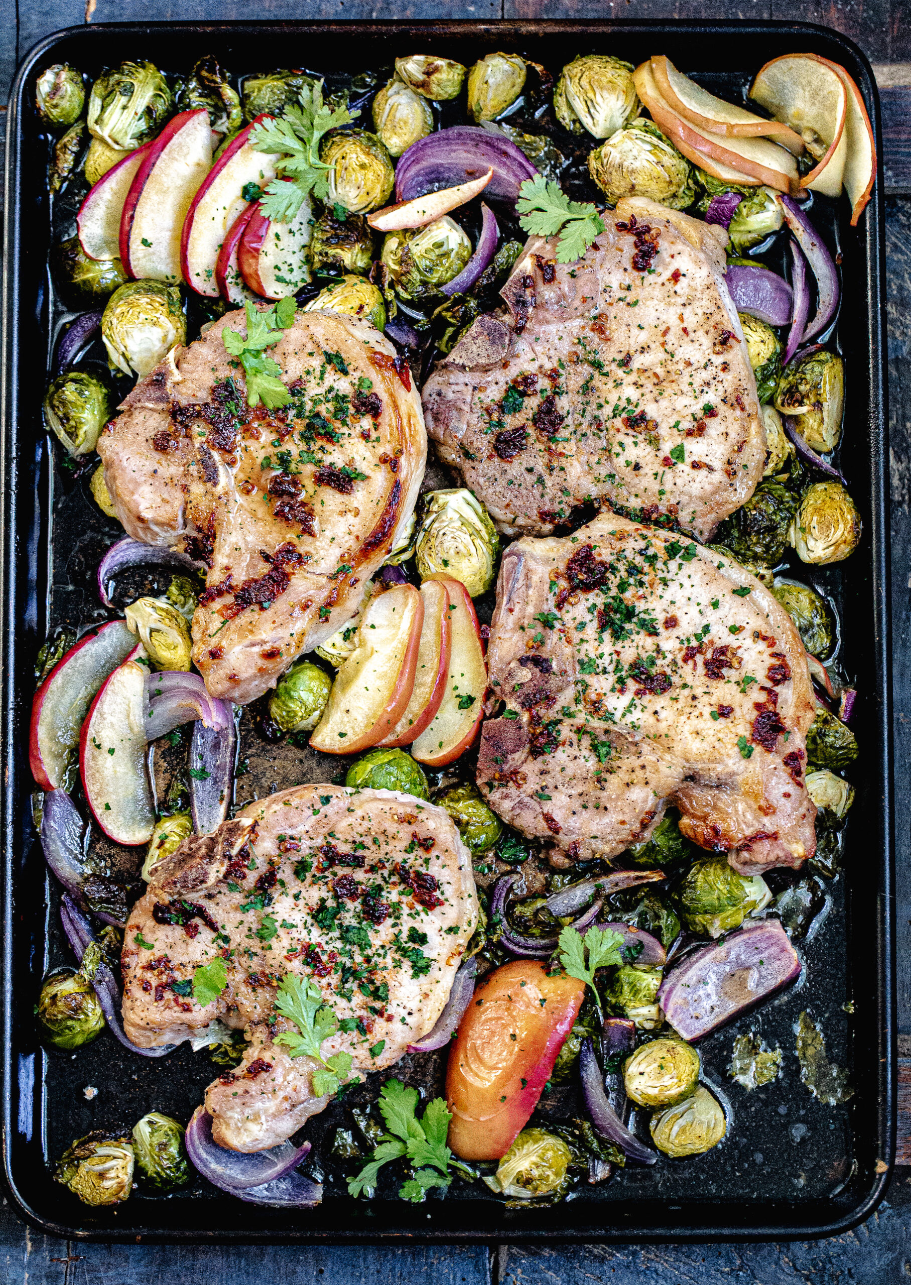 Sheet Pan Pork Chops Recipe with Brussels Sprouts and Apples (easy flavor in one pan)