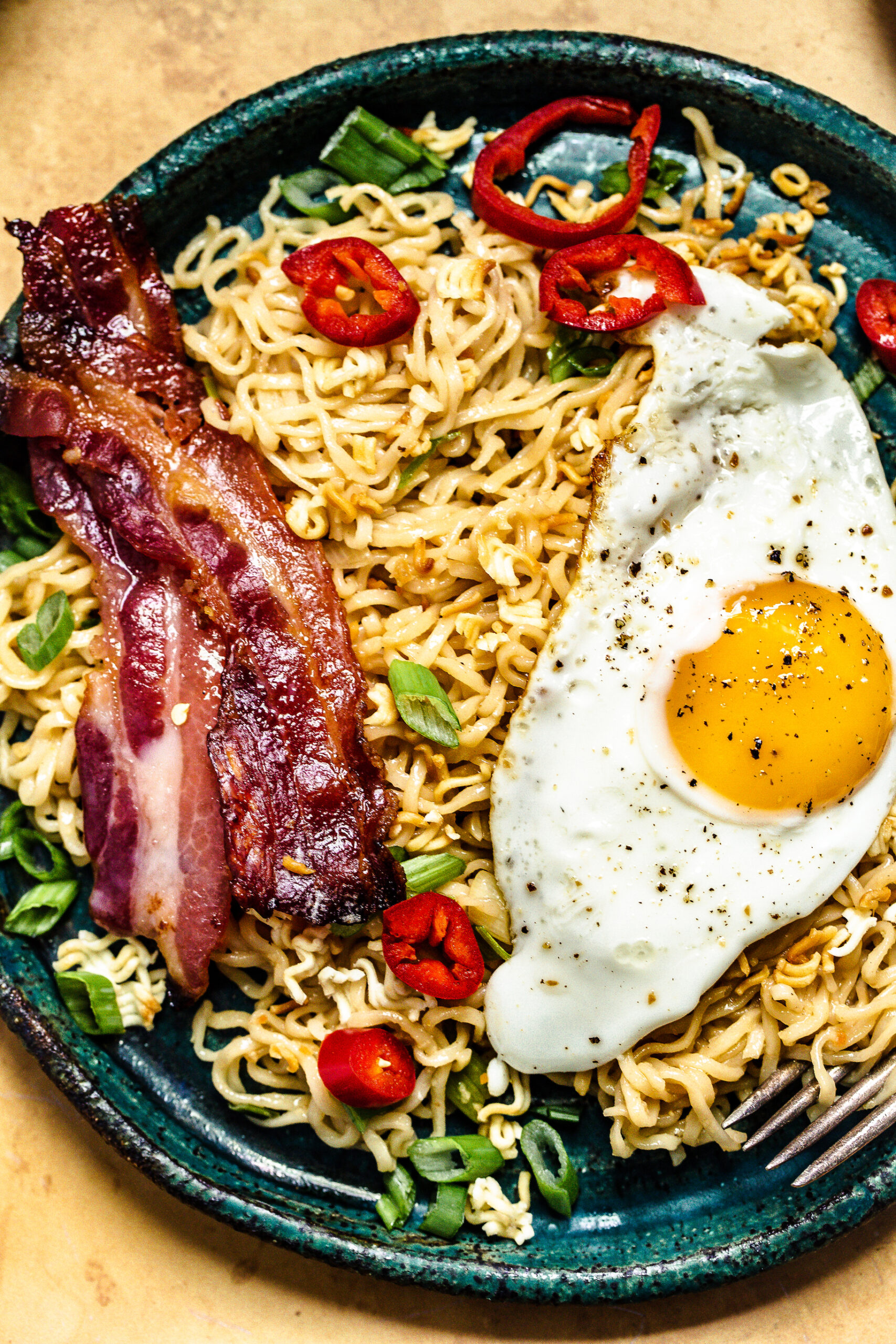 Ginger Miso Crunch Ramen with Candied Bacon and Eggs (Mazemen)